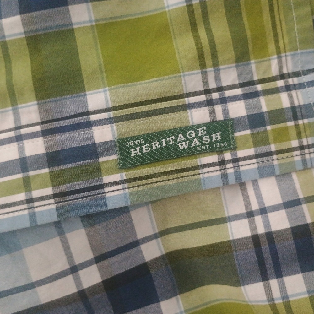 Orvis Heritage Wash Green Blue Plaid Button Down Shirt Mens Large L 2GMX - Picture 5 of 11